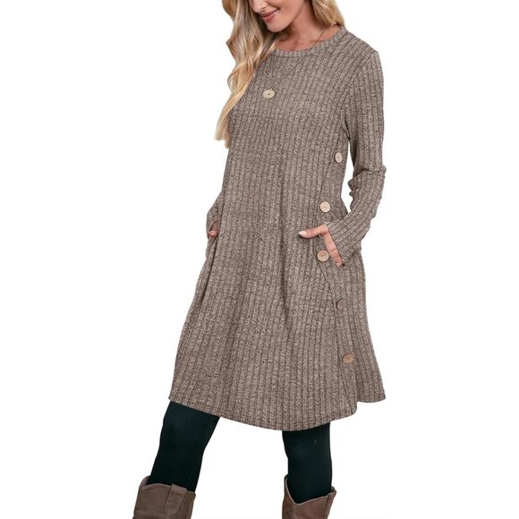 Dresses & Skirts - Ofeefan Women's Ribbed Coffee Crew Neck Long Sleeve Winter Tunic Dress